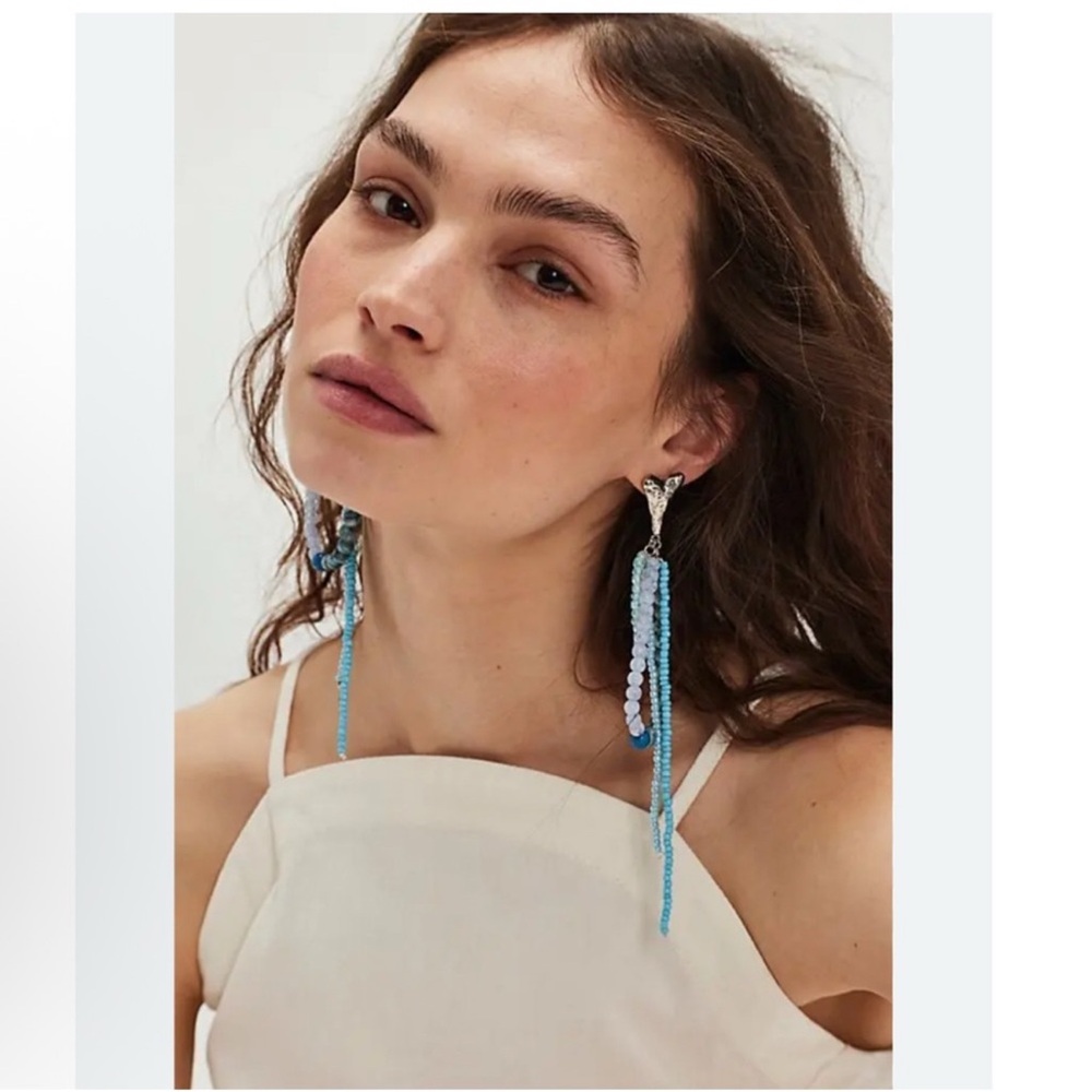 Free People Reese Dangle Bead Earrings Silver Heart Turqoise Beach Romance BoHo